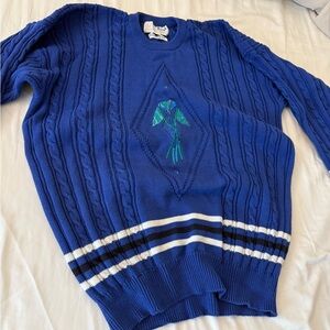 Vintage Pringle Royal Blue Cable Knit Crewneck Golf Sweater with Stripe Trim